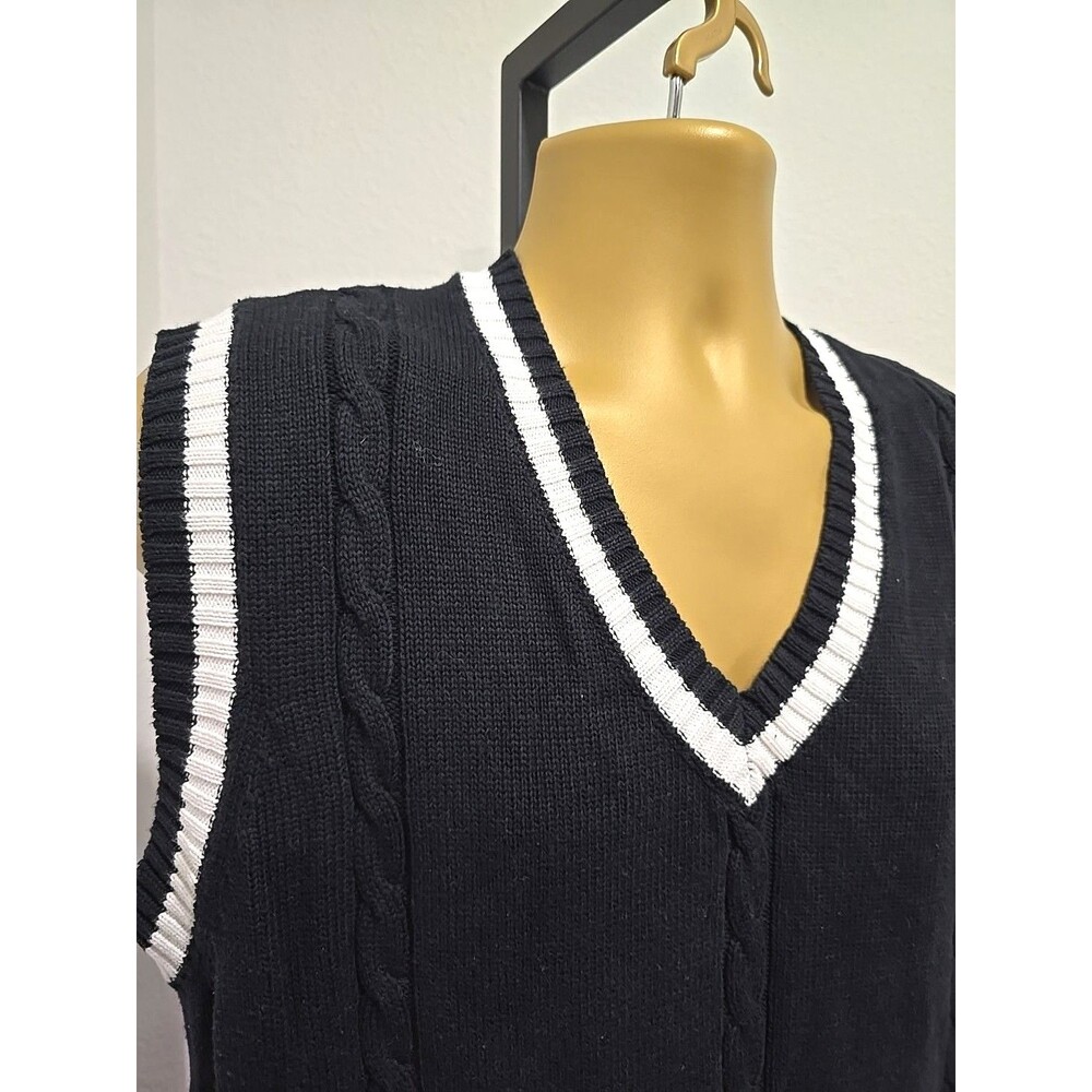 Black Cable Knit Sweater Vest Mens XL V Neck Preppy Golf Tennis Academia Varsity